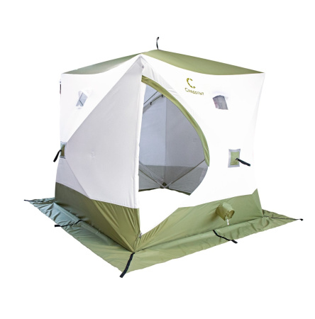 Палатка зимняя куб СЛЕДОПЫТ Premium Long 2,35х2,0 м, 2-х местная, 3 слоя, цв. бело-оливковый
